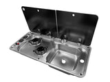 LBWF RV Stainless Steel Sink, Outdoor Sink Cooktop Combo, Dual Bowl Stainless Steel, with Glass Lid,