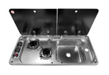 LBWF RV Stainless Steel Sink, Outdoor Sink Cooktop Combo, Dual Bowl Stainless Steel, with Glass Lid,