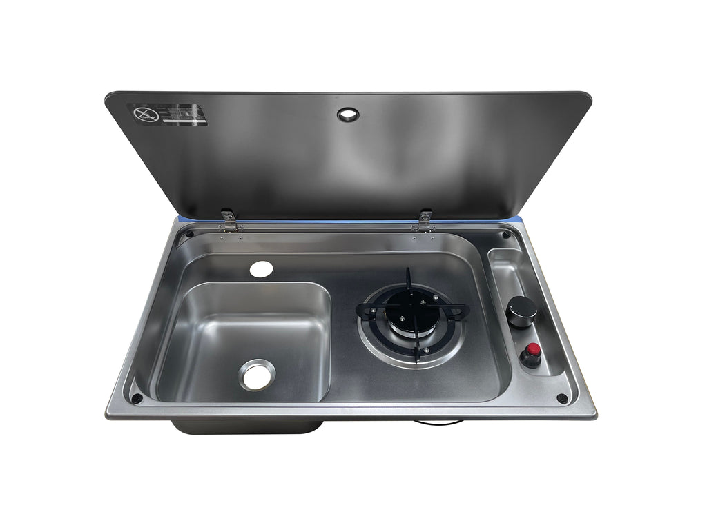 LBWF RV Stainless Steel Sink, Outdoor Sink Cooktop Combo, Single Bowl Stainless Steel, with Glass Lid,